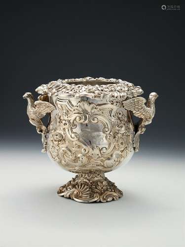 A late George III silver baluster pedestal wine cooler, liner and collar by Henry Cornman