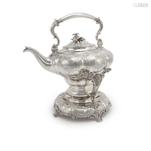 Y An early Victorian large silver kettle on stand by Benjamin Smith III