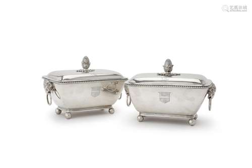 A pair of George III silver rounded rectangular sauce tureens and covers by John Robins