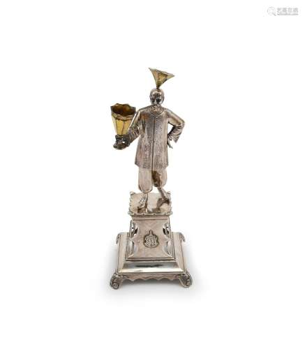 A mid 19th century Portuguese silver parcel gilt toothpick holder with a figure of a Chinaman