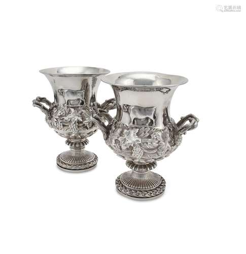 Two similar William IV Irish silver small camapna shaped vases