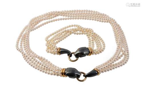 A cultured pearl, silverium and gold coloured Panthère necklace and bracelet by Cartier