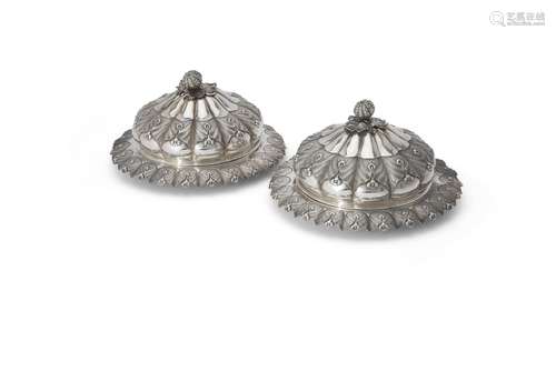 A pair of George IV silver shaped circular serving dishes and covers by Rebecca Emes & Edward Barna