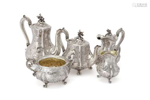 Y An early Victorian silver five piece baluster tea and coffee service by John Samuel Hunt