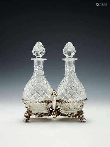 A William IV silver twin bottle decanter frame by Robert Garrard II