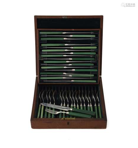 Y A set of eighteen William IV silver and green stained ivory dessert knives and forks by Aaron Hadf