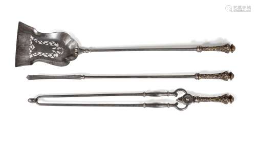 A set of Regency steel and gilt metal mounted fire tools