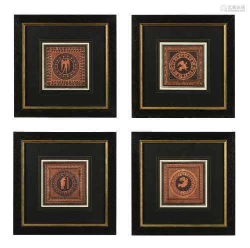 Attributed to Sir William Hamilton, four hand tinted prints of Etruscan red-figure vase decorations