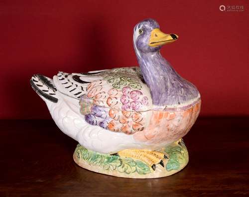 A Continental Faience duck tureen and cover