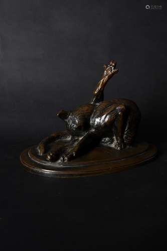 Emmanuel Fremiet (1824-1910), a rare patinated bronze model of a washing cat