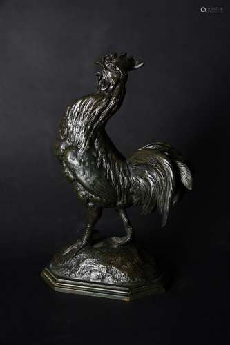 Alfred Barye (French, 1839-1882), 'Le Coq', a patinated bronze model of a cockerel