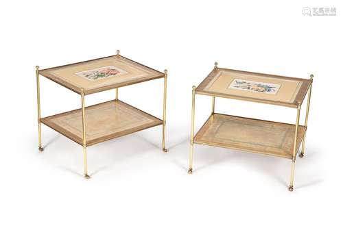 A pair of brass framed and polychrome painted two tier etageres