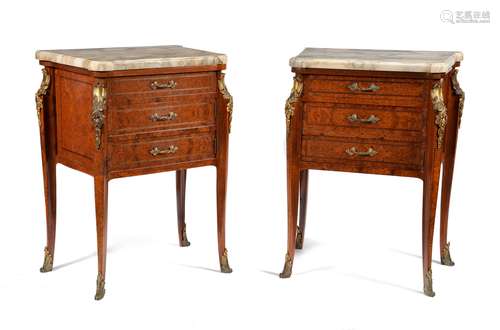 A pair of burr walnut, mahogany and gilt metal mounted petit commodes or bedside chests