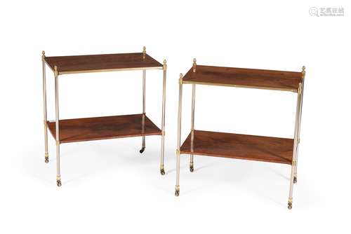 A pair of mahogany, brass and polished steel two-tier étagères, in Regency style