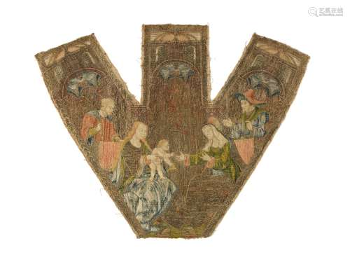 A fine Flemish or French silk and metal thread embroidered fragment of a chasuble panel