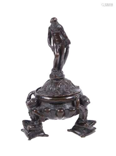 A Venetian patinated bronze inkwell and cover