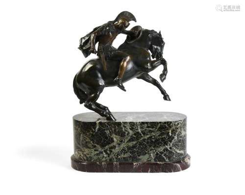 After Emmanuel Fremiet, a patinated bronze and marble mounted model of a Roman warrior on horseback