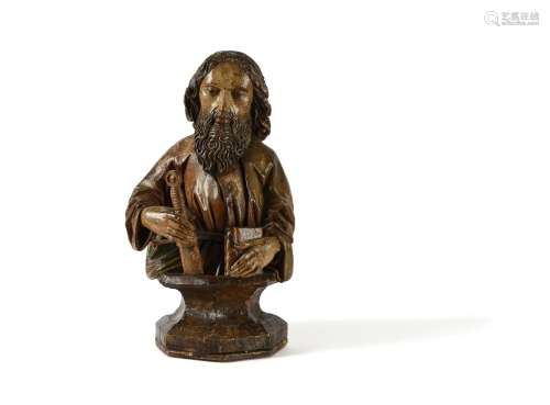 A South German carved and polychrome painted softwood bust of Saint Paul