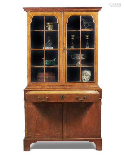 A George I walnut secretaire cabinet bookcase