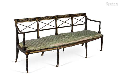 A George III black lacquer and painted chair back settee