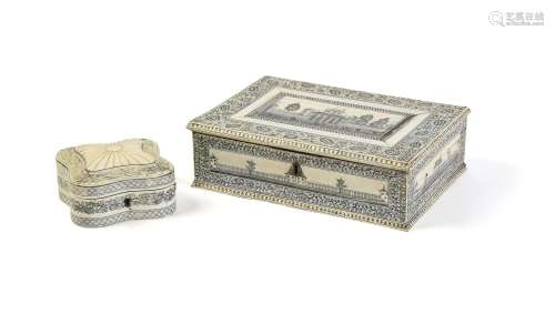 Y A fine Vizagapatam ivory veneered, lac-engraved and sandalwood work box, and another