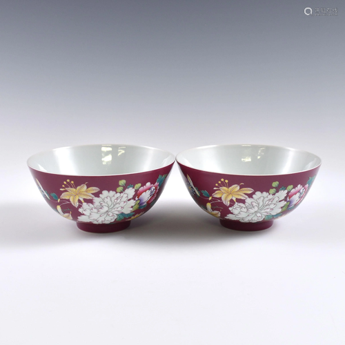 PR. Yongzheng famille rose floral over red ground bowls