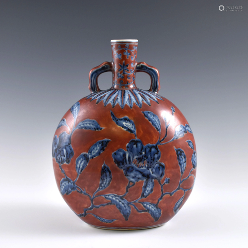 Ming Blue Peony on Red ground moon vase