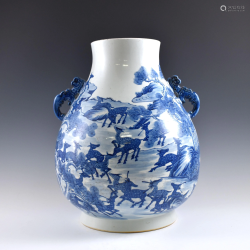 Qing Blue & white hundred deer amphora zun vase