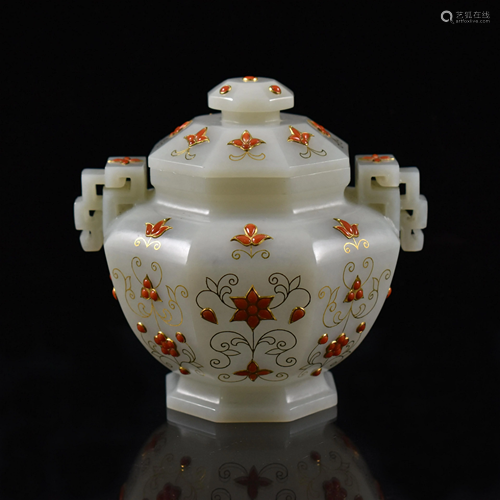 STONES INLAID JADE LIDDED OCTAGONAL CENSER