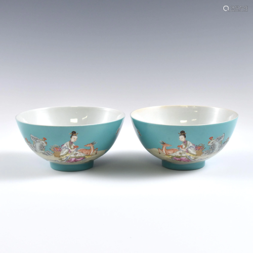 PR. Yongzheng Famille rose over peacock blue bowls