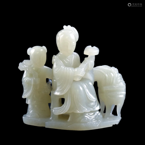 CARVED JADE IN SHAPE OF FIGURES HOLDING RUYI