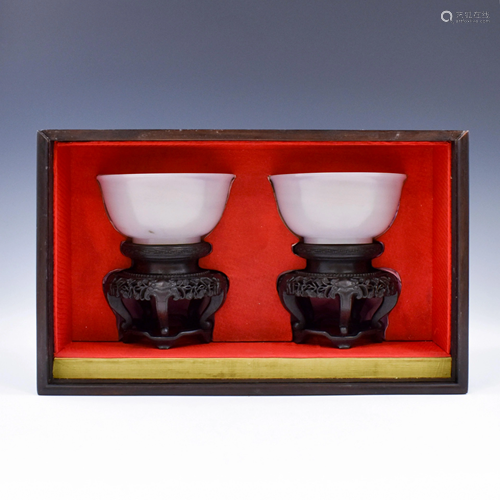 PAIR CARVED WHITE JADE BOWLS ON STAND IN BOX