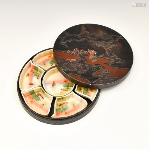JAPANESE PORCELAIN DISHES IN LACQUERED BOX