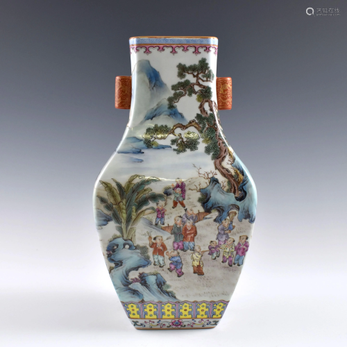 Qing polychrome landscape squared amphora vase