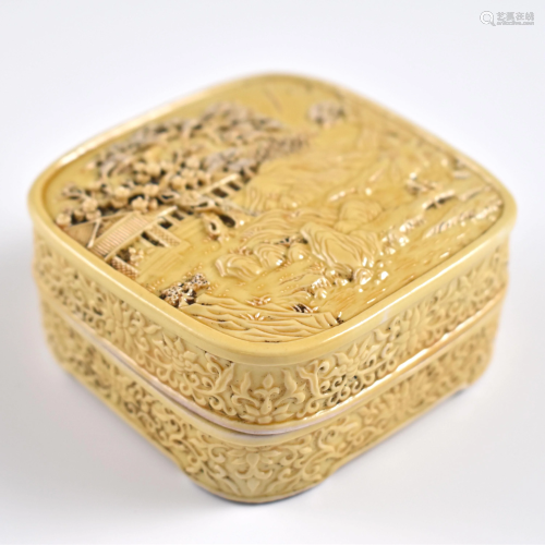 Qing famille Jaune porcelain carving trinket box