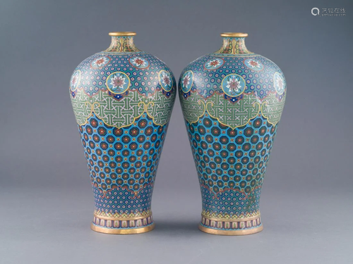 PAIR GILT BRONZE CLOISSONNE MEIPING VASES