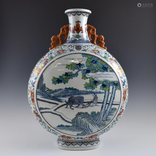 Qing doucai open face landscape amphora moon vase