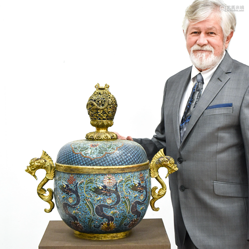 LARGE GILT BRONZE CLOISONNE LIDDED CENSER