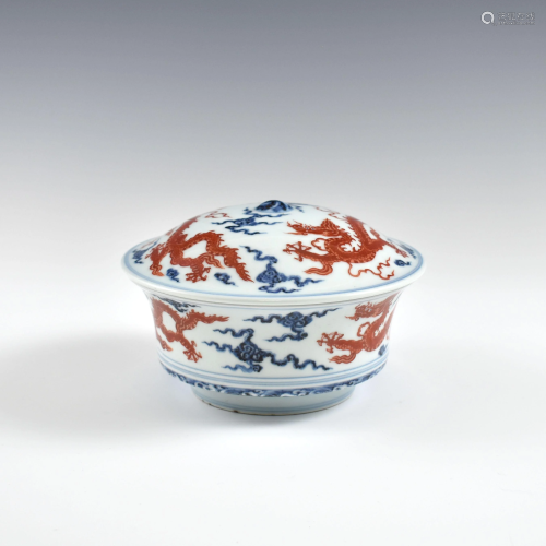 Ming Red & Blue dragon porcelain lidded bowl