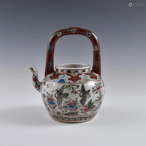 Ming Wanli Wucai cranes porcelain tea pot