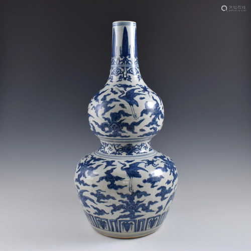 Ming Blue & white Cranes over clouds double gourd vase