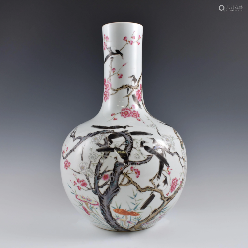 Yongzheng famille rose bird & cherry blooms Reward vase
