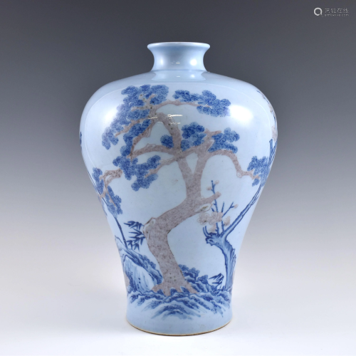 Qing pine tree over sky blue glaze meiping jar