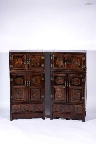 A PAIR OF SMALL CHINESE HARDWOOD BURLWOOD INSET CABINETS