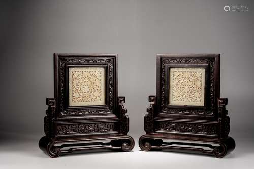 A PAIR OF ZITAN CARVED WHITE JADE INSET TABLE SCREENS