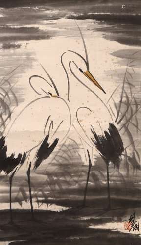 LIN FENGMIAN: COLOR AND INK ON PAPER 'CRANES' HANGING SCROLL