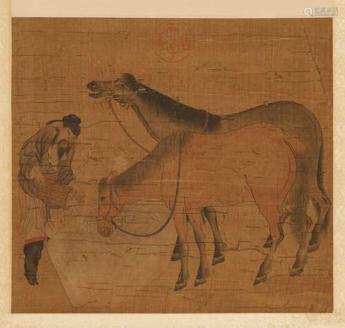 A CHINESE COLOR AND INK ON SILK 'HORSE' PAINTING