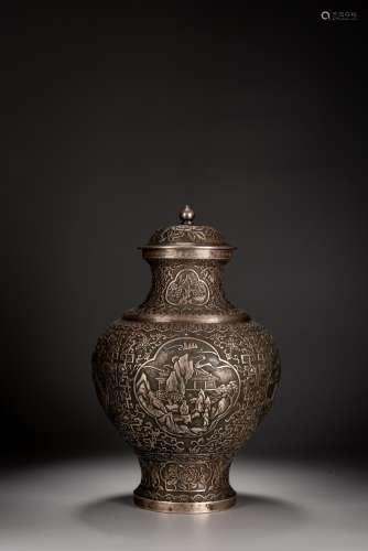 A CHINESE SILVER CAST 'FIGURES' VASE AND COVER