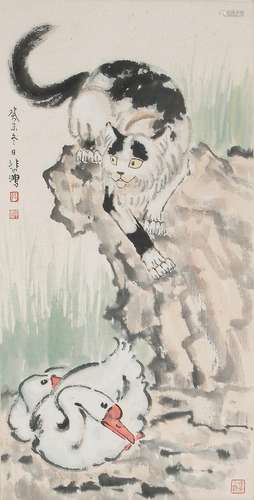 A CHINESE COLOR AND INK ON PAPER 'CAT' PAINTING, XU BEIHONG