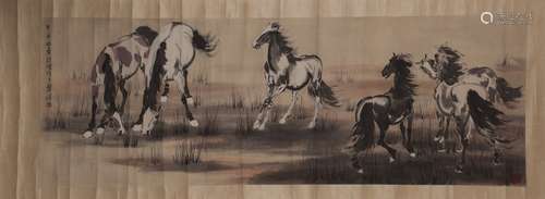 A CHINESE COLOR AND INK ON PAPER 'SIX HORSE' PAINTING